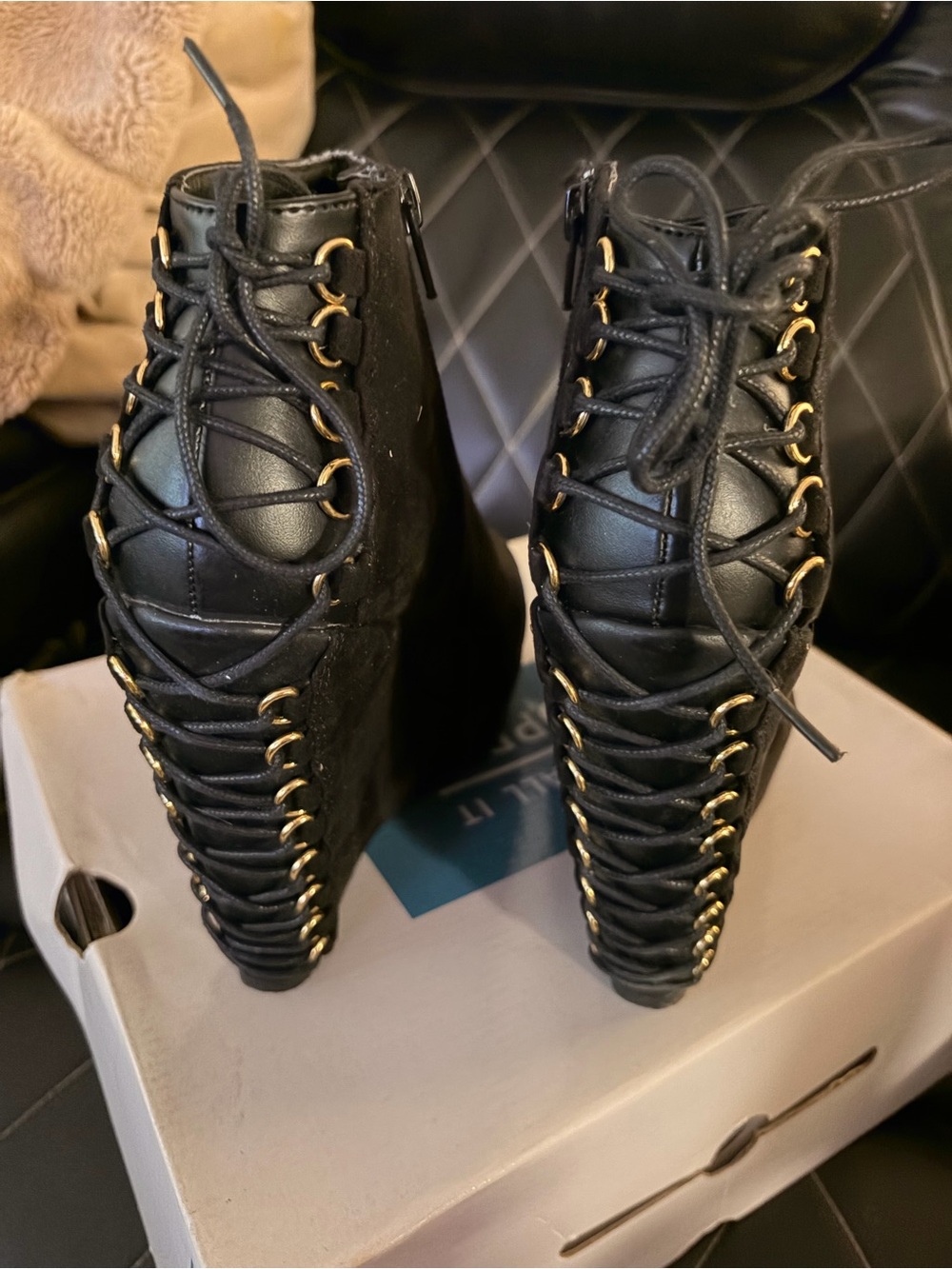 Call It Spring Black Lace-Up Wedge Booties with Gold Hardware